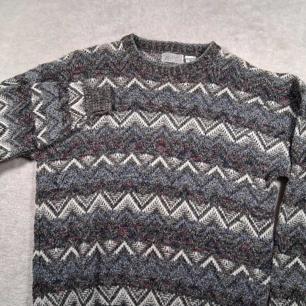 Method Sweater Mens XL Blue Grey Zig Zag Crewneck Vintage Marled Knit Pullover
